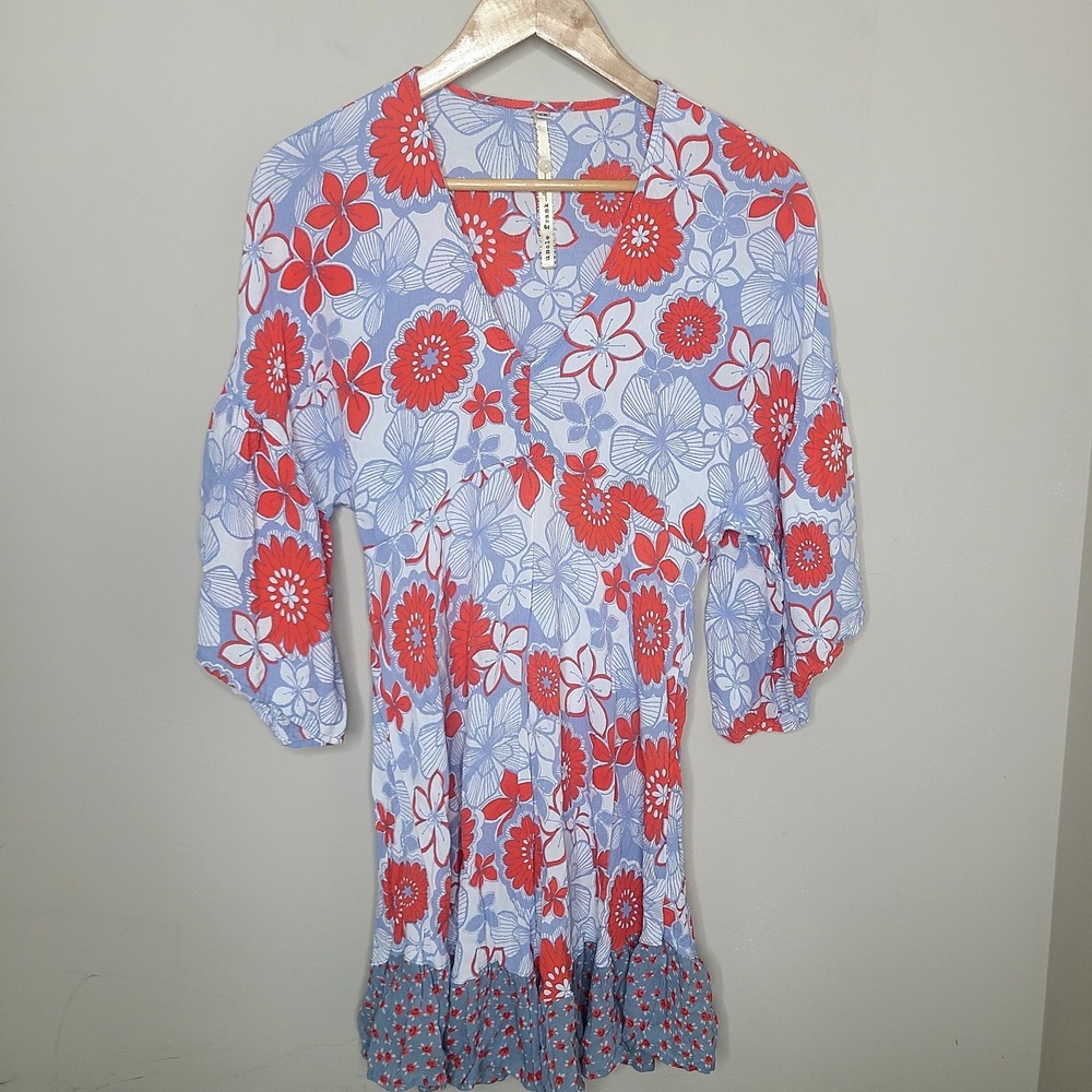 Uncle Frank Boho Floral Blue Red Mini Dress Retro Indie Sleaze Festival Dress XS